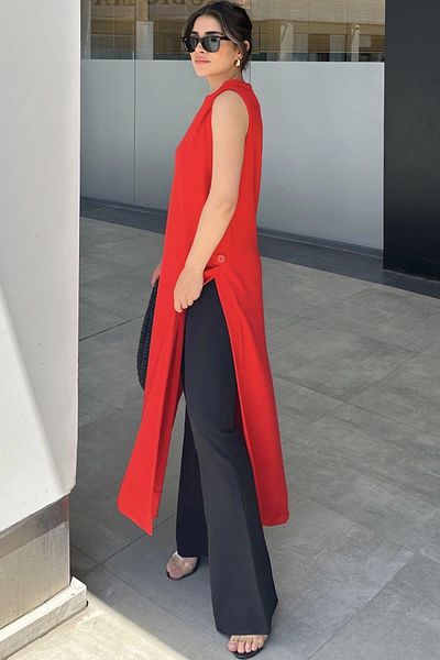 NEW LAVİVA Women's Red Slit and Button Detailed Scuba Dress Tunic - 700-3561
