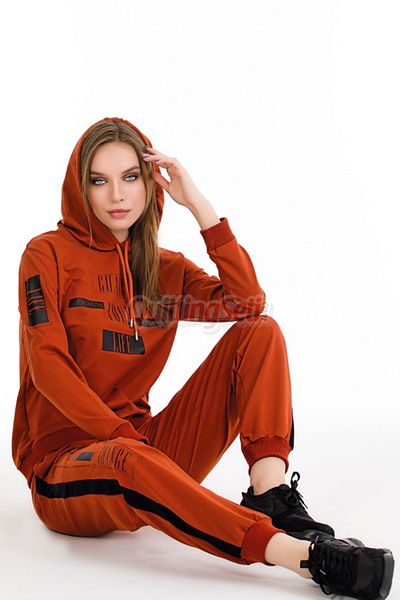 quilling Long Sleeve 22080 Women's Sports Tracksuit Set with Hood and Kangaroo Pocket Orange Color