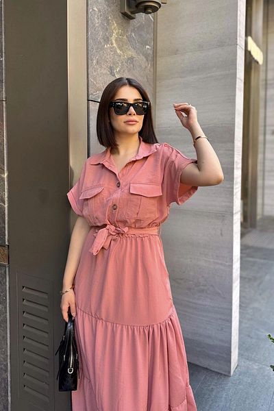 NEW LAVİVA Γυναικείο Dusty Rose Ruffle Safari μακρύ φόρεμα - 700-3336