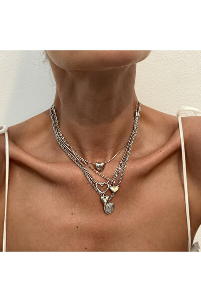 Hilosh 5'li Kalp Detaylı Gümüş Kadın Kombin Kolye Seti Ayrı Ayrı Kullanılabil...