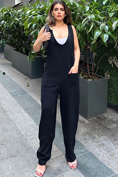 NEW LAVİVA Women's Black Muslin Slopet Jumpsuit - 700-3613