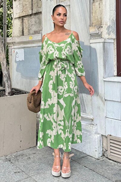 NEW LAVİVA Women's Green Shoulder Detailed Casual Dress with Elastic Waist - 700-3628