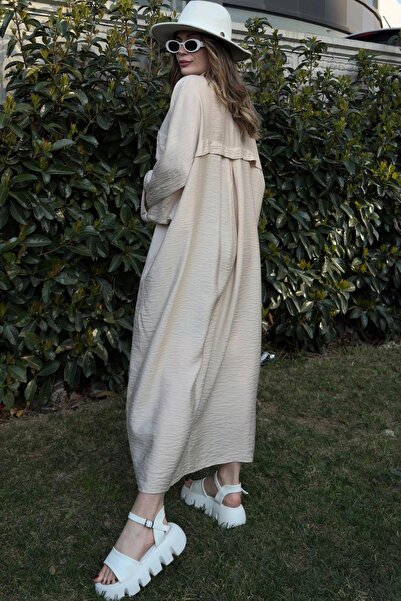 NEW LAVİVA Γυναικείο μπεζ υπερμεγέθη μακρύ φόρεμα λινό πουκάμισο - 700-3282