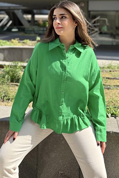 NEW LAVİVA Women's Green Ruffled Cotton Linen Shirt - 700-3570