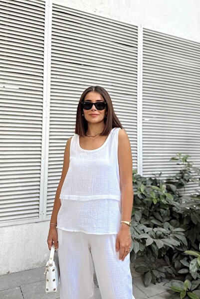 NEW LAVİVA Women's White Muslin Strap Blouse with Stitching Detail - 700-3423