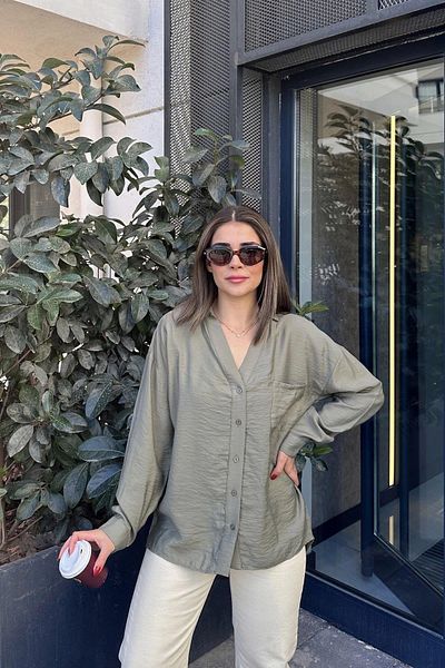 NEW LAVİVA Γυναικείο χακί casual πουκάμισο - 700-3329