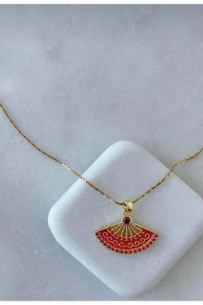 Twinssis Accessories Steel Zircon Stone Fan Necklace Red