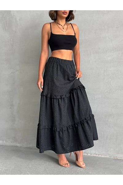 ufukmoda Long Skirt with Ruffle Broderie Lining Black S255047