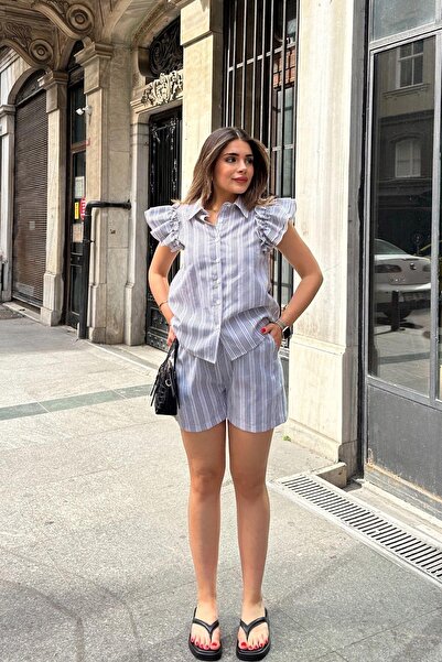 NEW LAVİVA Cămașă cu dungi brodate cu mâneci zero cu volan pe umăr negru pentru femei - 700-3626