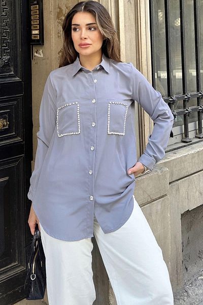 NEW LAVİVA Γυναικείο γκρι casual πουκάμισο - 700-3594