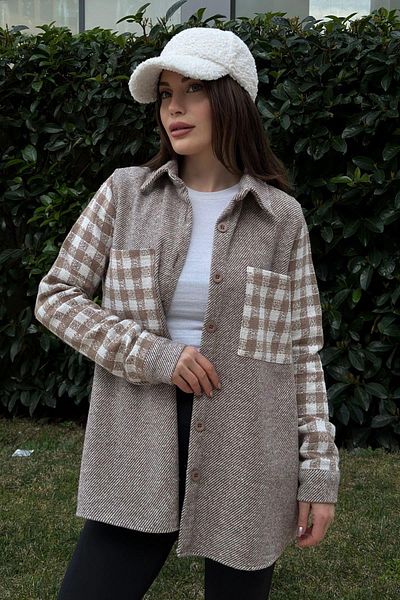 NEW LAVİVA Дамска риза в цвят кафе на каре - 700-3534