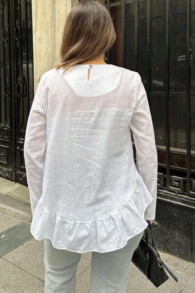 NEW LAVİVA Women's White Ruffled Asymmetrical Cotton Linen Blouse - 700-3571