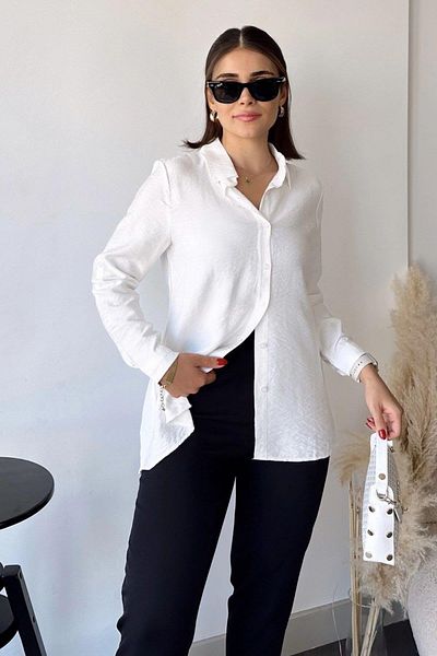 NEW LAVİVA Cămașă clasică de in alb pentru femei - 700-3043