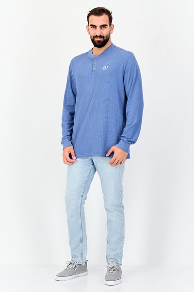 GAP Men Henely Neck Long Sleeves Embroidered Logo T-Shirt, Blue