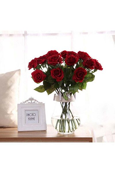 fun zone Single Piece Artificial Rose Wedding Flower Red/Green 45cm