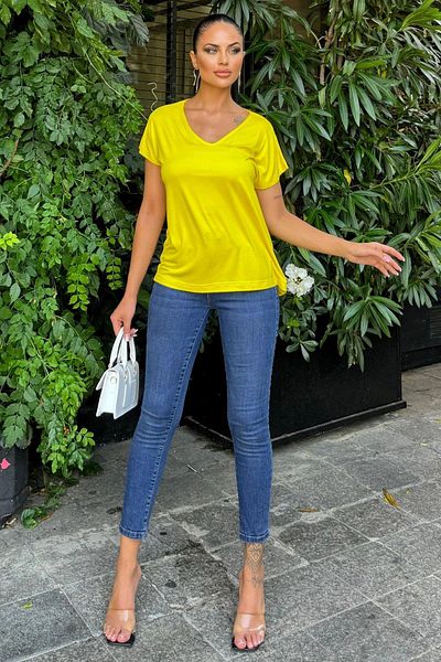 NEW LAVİVA Tricou galben cu decolteu în V pentru femei - 700-K6075