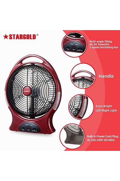 Generic STARGOLD 12-Inch Rechargeable Table Fan with LED Light, 2-Speed, USB Charging, 8-Hour Runtime