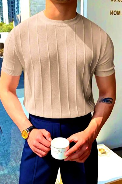 coolart Erkek Toro Çizgili Likralı Slim Fit T-Shirt - Bej Örme Triko Tişört B...