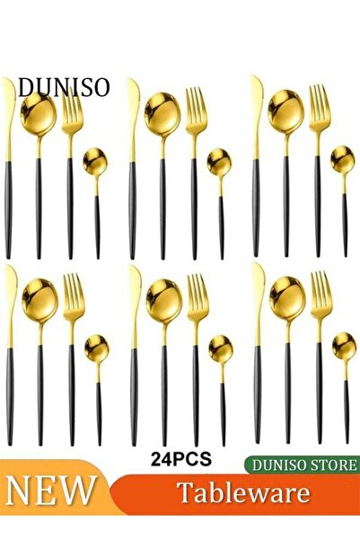 Generic طقم أدوات مائدة ذهبي أسود، 24 قطعة من الفولاذ المقاوم للصدأ 304 بمقبض...
