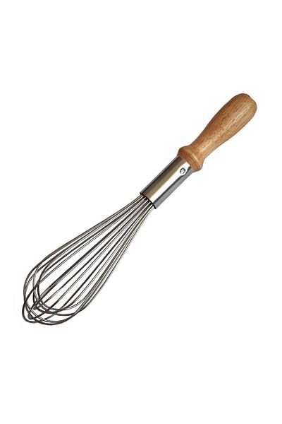 PUFO stainless steel whisk with wooden handle for kitchen or confectionery, 35 cm, brown/silver