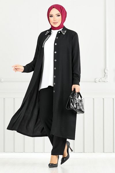 ModaMerve Hijab Suit with Stone Collar 9144Pl940-M Black