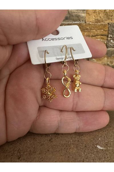 Herşey Nota 3-Piece Women's Earring Set with Gold Color Snowflake, Infinity and Teddy Bear Figures – Elegant and Stylish