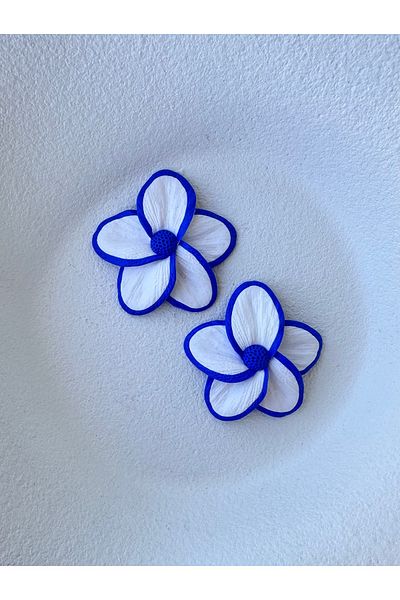 ACCESSORY White Flower Earrings with Navy Blue Stripes Polymer Clay Design Earrings