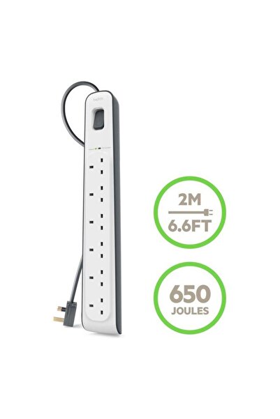 Generic شريط طاقة بيلكين سداسي الاتجاهات للحماية من زيادة التيار، أبيض وأسود