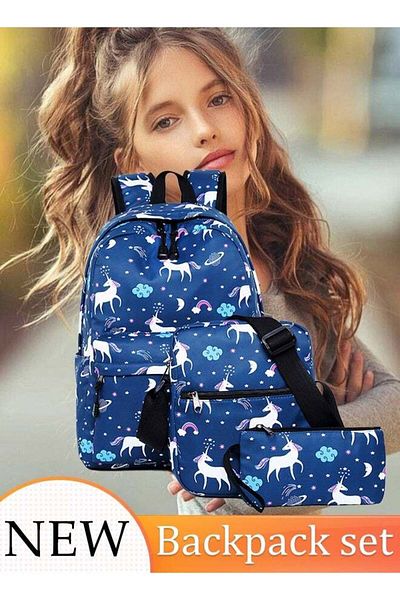 Generic 3pcs Print School Backpack Set Large Capacity School Rucksack for Elementary and Middle School Stude