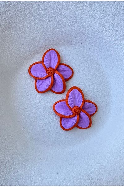 ACCESSORY Orange Stripes Lilac Purple Flower Earrings Polymer Clay Light Design Earrings