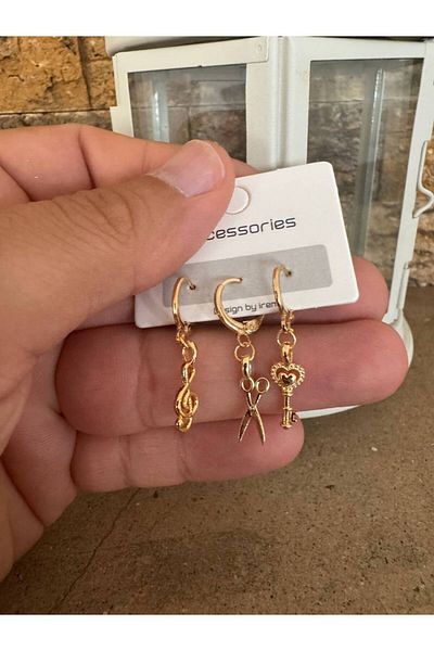 Herşey Nota 3-Piece Women's Earring Set with Gold Color Musical Note, Scissors and Key Figures – Stylish and Elegant