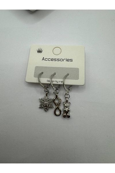 Herşey Nota 3-Piece Women's Earring Set with Silver Color Snowflake, Infinity and Teddy Bear Figures – Elegant and Stylish