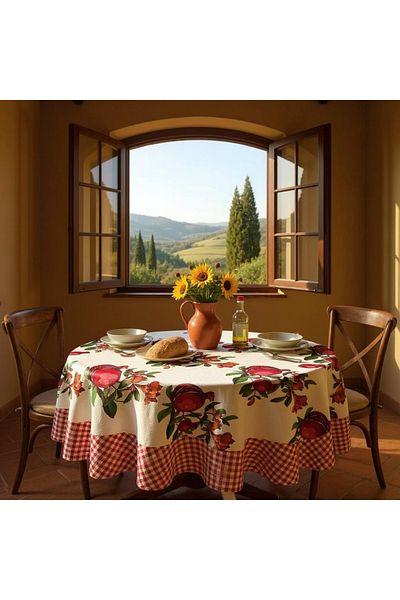 GMhome Pomegranate Patterned Round Tablecloth 150 cm - Red Plaid Carefree Fabric, Erasable