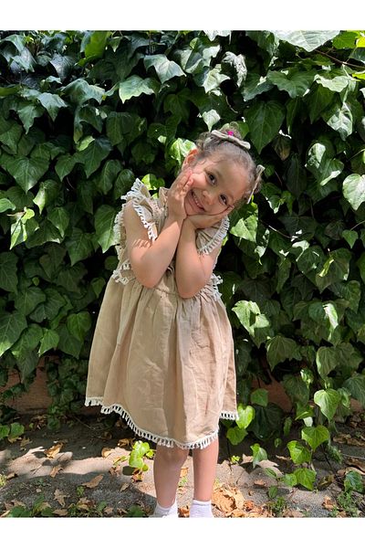 Minizade Baby Girl Dress Short Sleeve Ruffled Buckle Birthday Party Wedding Linen Casual Girl's Dress