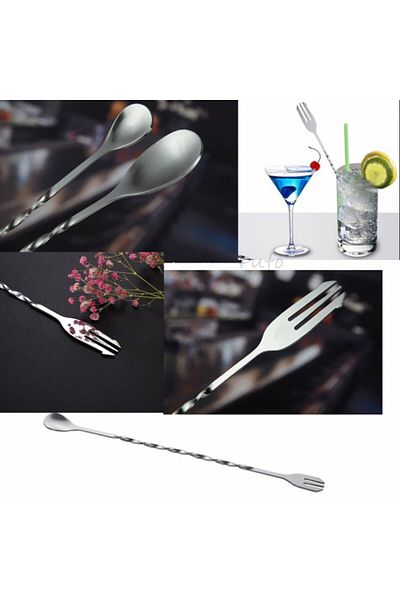 PUFO Lingură de bar cu mâner răsucit pentru amestecarea băuturilor, cocktailurilor, capăt tip furculiță, oțel inoxidabil, 32 cm