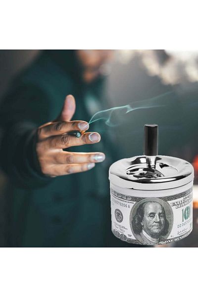 PUFO American Dream $100 metal ashtray with windproof button, 14 cm