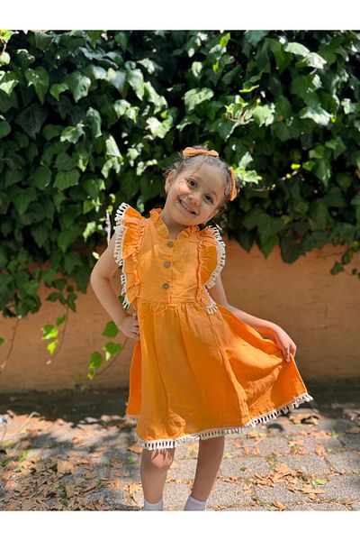 Minizade Baby Girl Dress Short Sleeve Ruffled Buckle Birthday Party Wedding Linen Casual Girl's Dress