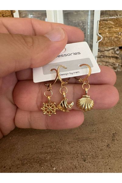 Herşey Nota Gold Color Rudder, Fish and Seashell Figured 3-Piece Sea Themed Women's Earring Set – Elegant and Stylish