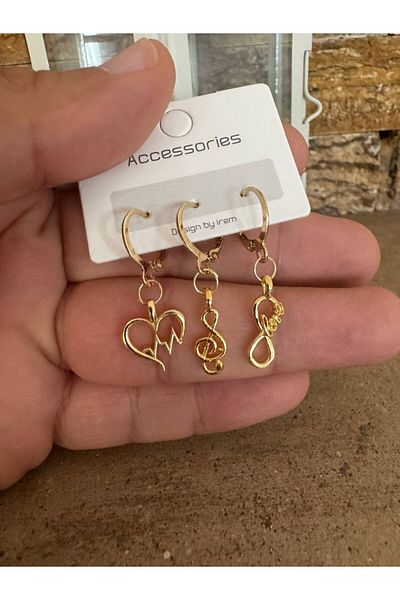 Herşey Nota Set of 3 Love Themed Women's Earrings with Gold Color Heart, Musical Note and Infinity Figures – Elegant and Meaningful