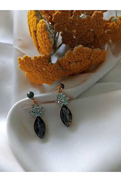 Pervin Ablacım Gold Design Elegant Earrings with Gray Colored Stones