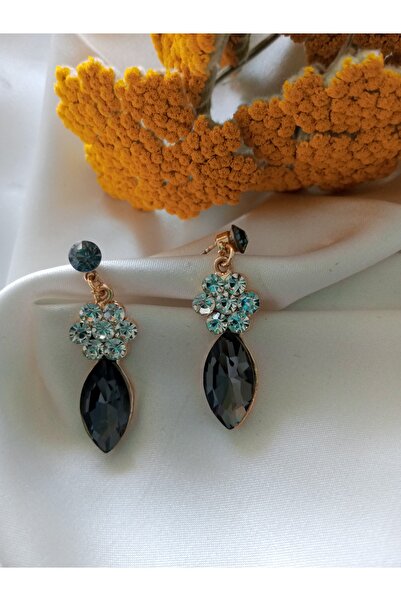 Pervin Ablacım Gold Design Elegant Earrings with Gray Colored Stones