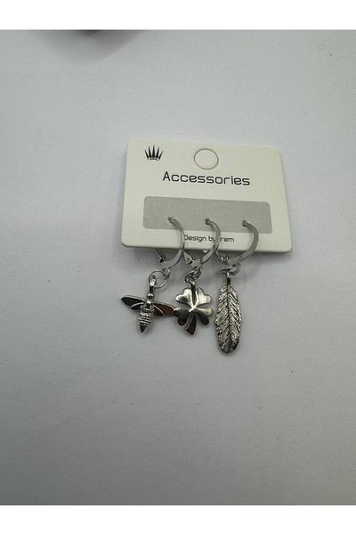 Herşey Nota Set of 3 Nature Themed Women's Earrings with Silver Color Bee, Clover and Leaf Figures – Elegant and Meaningful