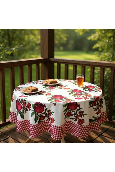 GMhome Pomegranate Patterned Round Tablecloth 150 cm - Red Plaid Carefree Fabric, Erasable