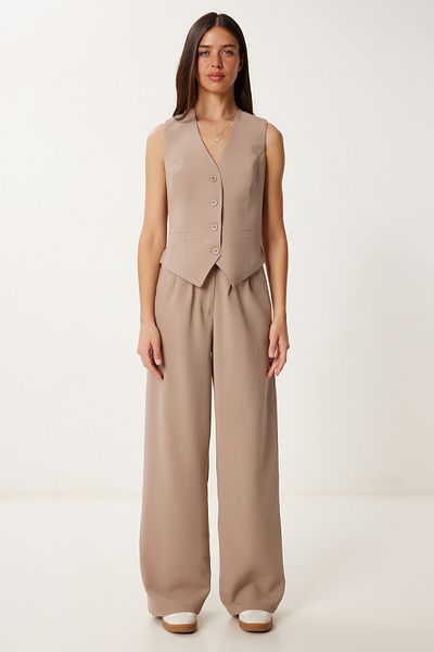Lovelyİstanbul Linen Vest Trousers Suit Mink Lrv0106