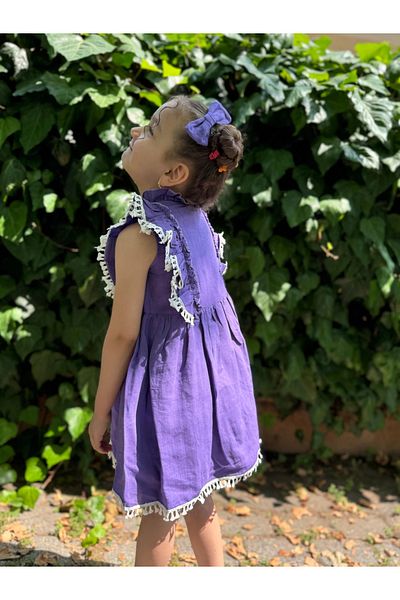 Minizade Baby Girl Dress Short Sleeve Ruffled Buckle Birthday Party Wedding Linen Casual Girl's Dress