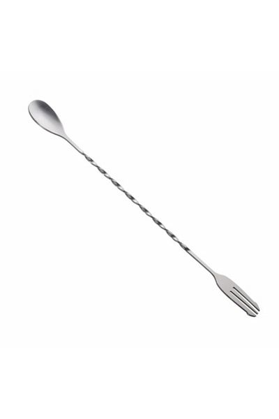 PUFO Lingură de bar cu mâner răsucit pentru amestecarea băuturilor, cocktailurilor, capăt tip furculiță, oțel inoxidabil, 32 cm
