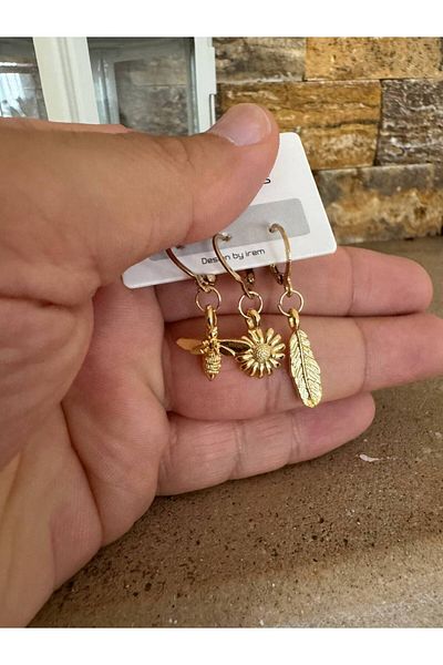 Herşey Nota Set of 3 Nature Themed Women's Earrings with Gold Color Bee, Daisy and Leaf Figures – Elegant and Meaningful