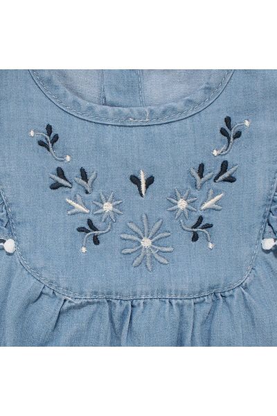 bebegen Baby Girl Light Blue Floral Embroidered Ruffled Scalloped Embroidered Denim Jumpsuit