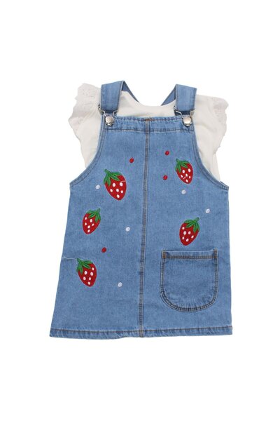 bebegen Kız Çocuk Ekru Mavi Çilek Desenli Kot Salopet Takım