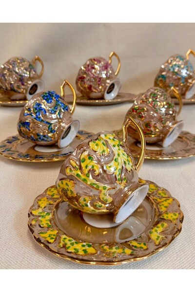 BY.RAYKA PORSELEN El Dekor Bi̇hter Porcelain Hand Painting Cup Set